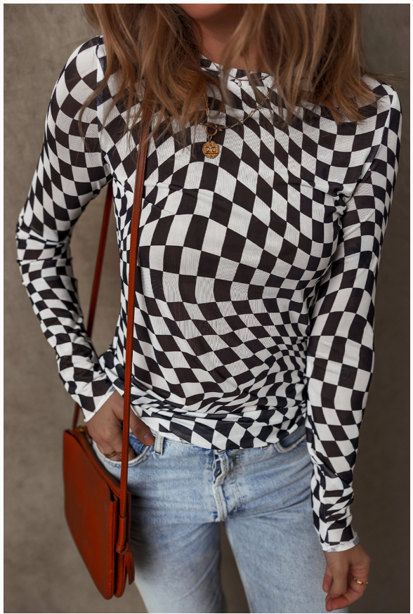 Black Checkered Pattern Mesh Mock Neck Long Sleeve Top