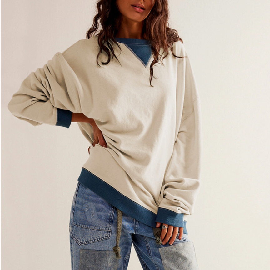 Solid Color Round Neck Fork Loose Sweatshirt Sweater - Off-White