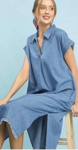 Stone Washed Collared Denim Midi Dress