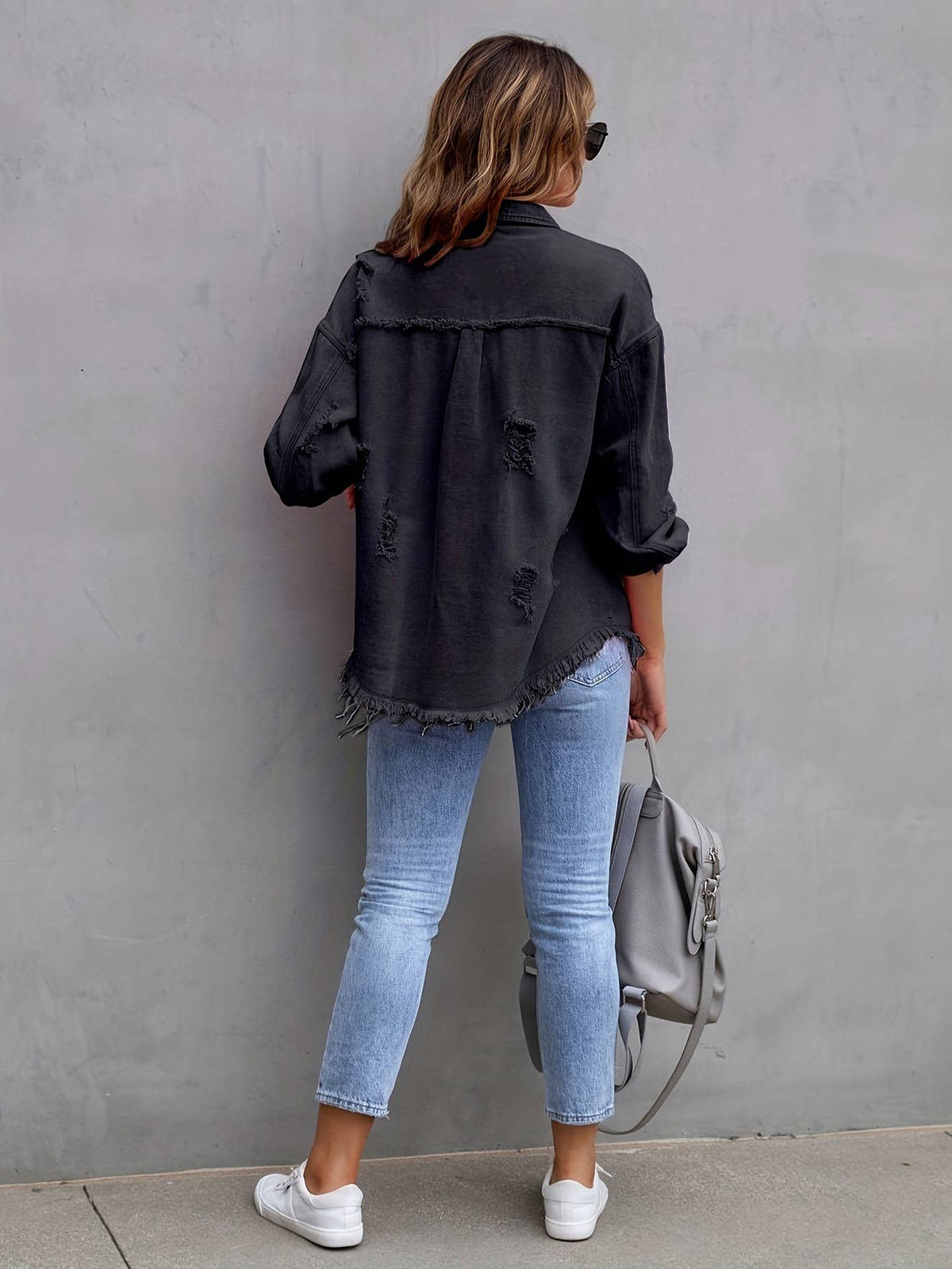 Ripped Long-Sleeved Denim Jacket: Black / XL