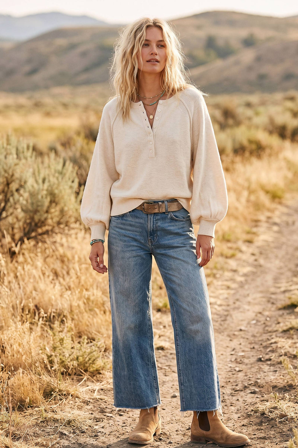 Henley Balloon Sleeve Sweater Top: IVORY / M