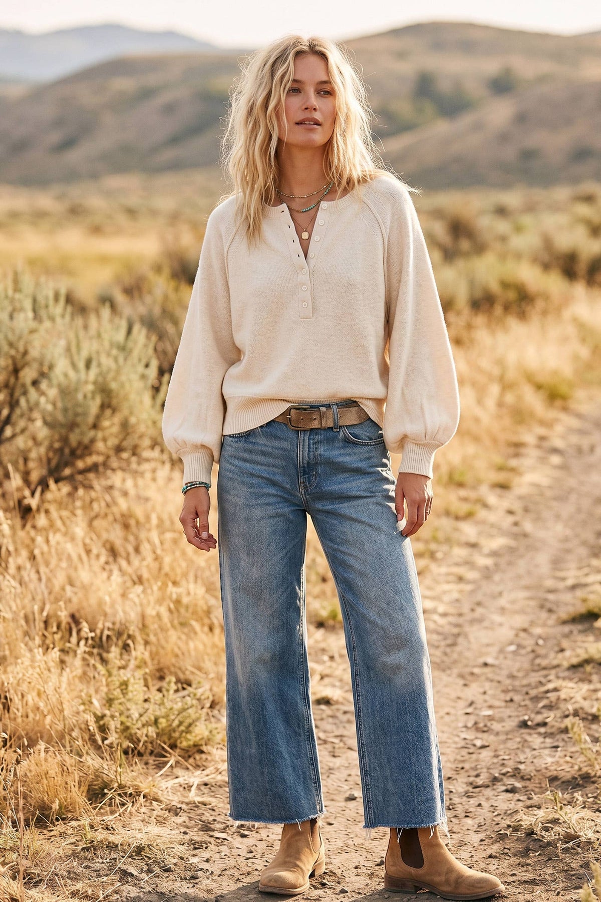Henley Balloon Sleeve Sweater Top: IVORY / M