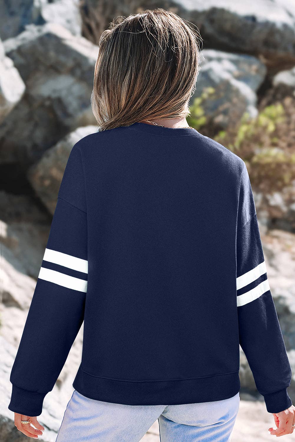 Varsity Striped Detail Drop Shoulder Oversized Sweatshirt: Navy Blue / 65%Polyester+35%Cotton / S