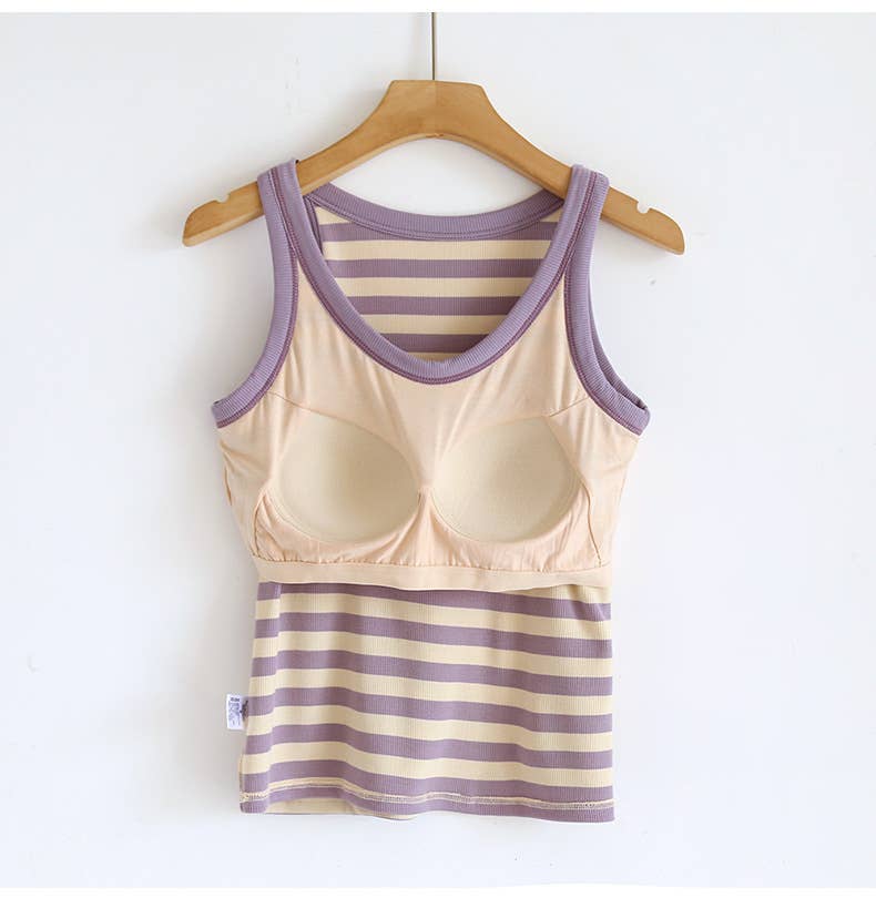 Stripe scoop neck rib knit built-in bra tank top: Black / L