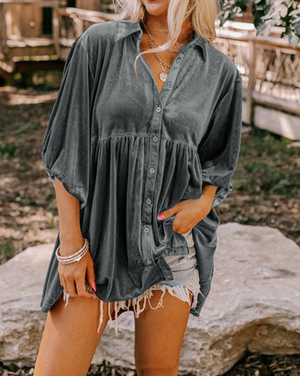 Velvet 3/4 Sleeve Tunic Babydoll Shirt: Pale Khaki / 95%Polyester+5%Elastane / S