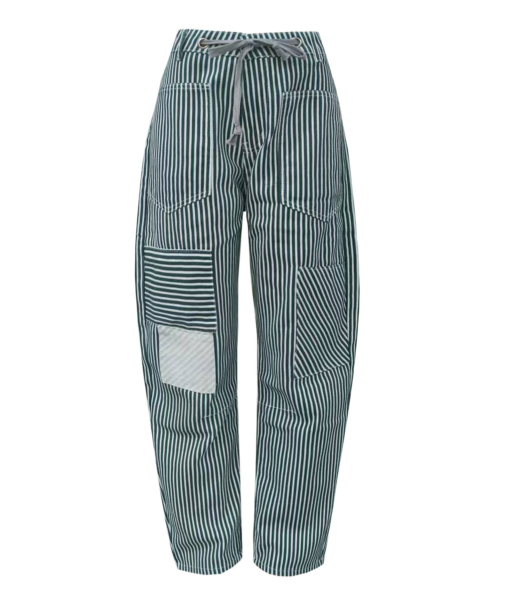 Fashion Mid-Rise Casual Striped Drawstring Wide-Leg Pants: Black / S