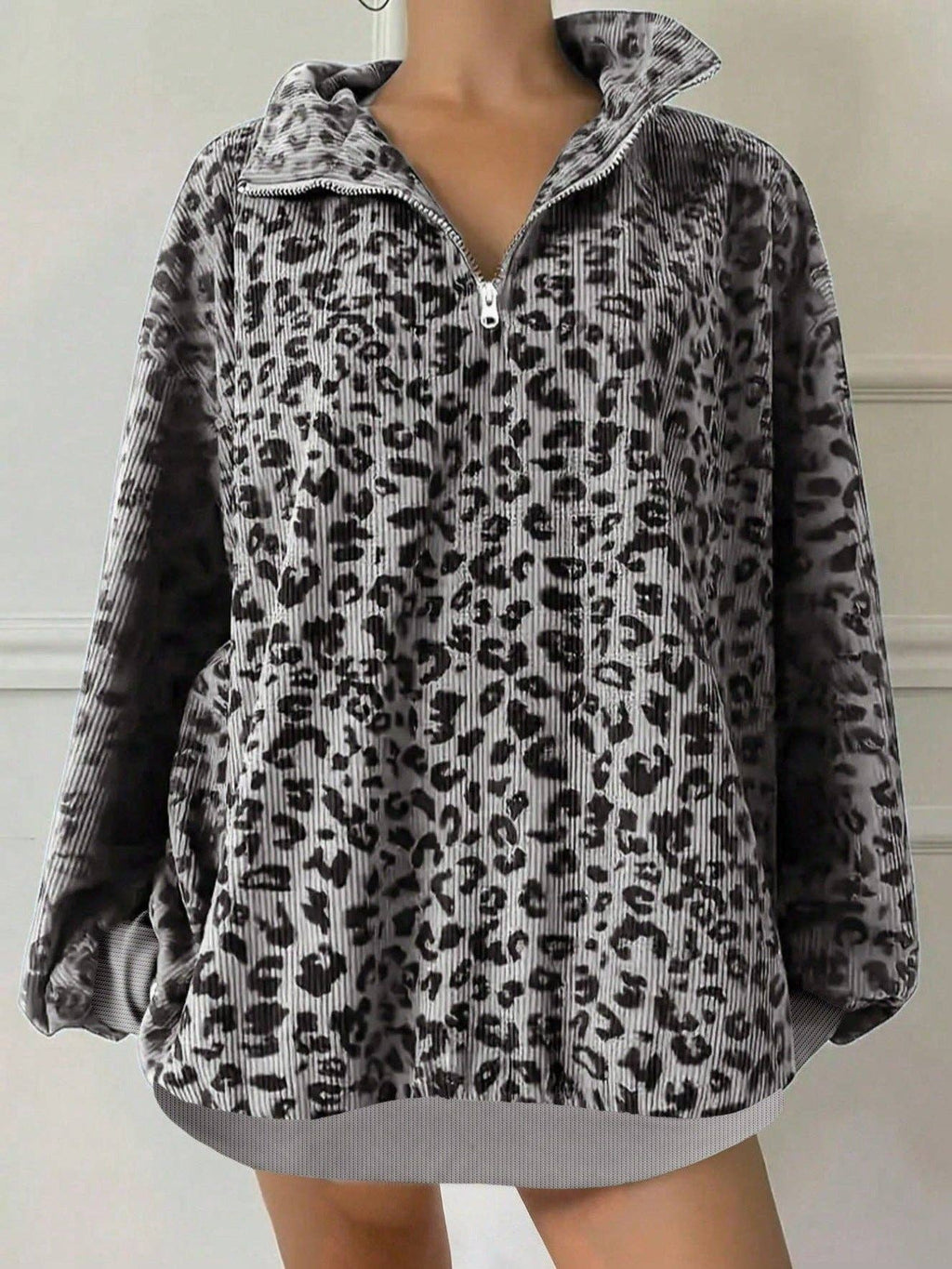 Leopard Corduroy Sweatshirt Streetwear Oversized Half Zip: Gray / 100%polyester / M