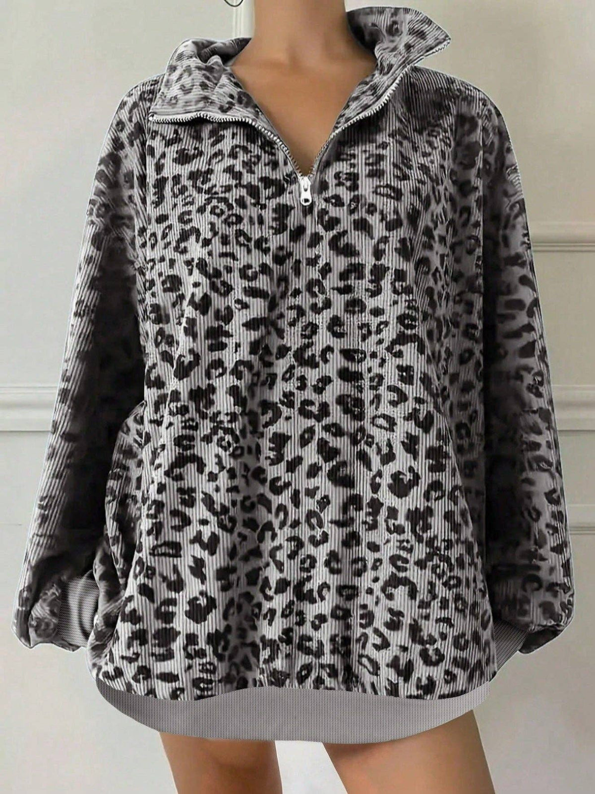 Leopard Corduroy Sweatshirt Streetwear Oversized Half Zip: Gray / 100%polyester / M