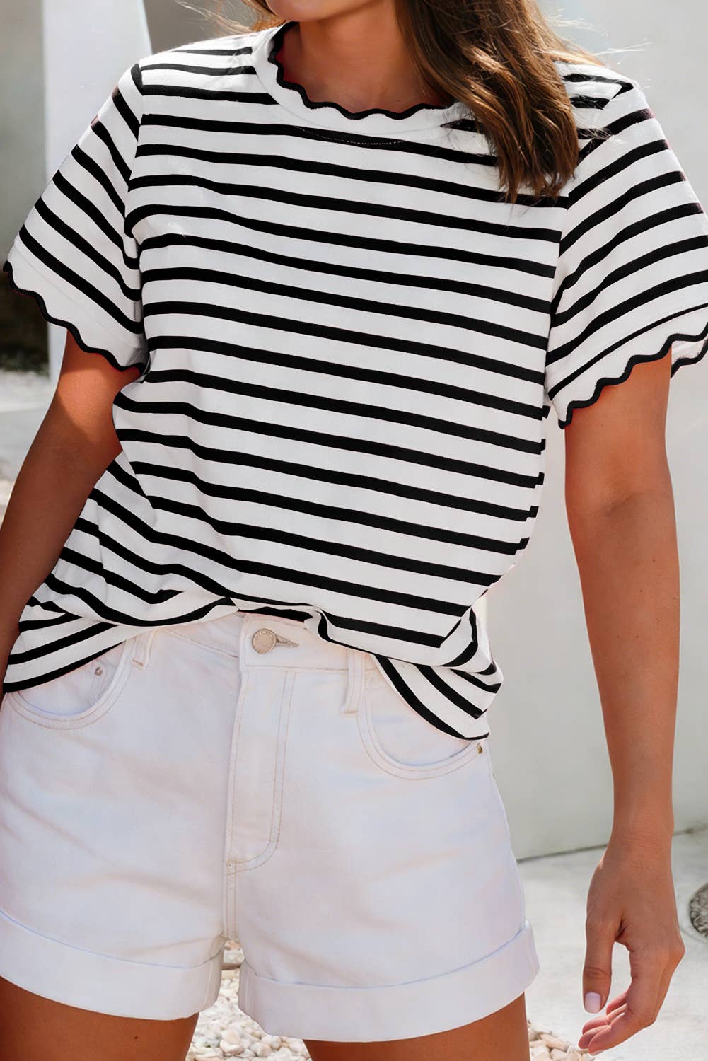 LDC Spring Scalloped Trim Round Neck Stripe T Shirt| S-4X: Green Stripe-2 / M