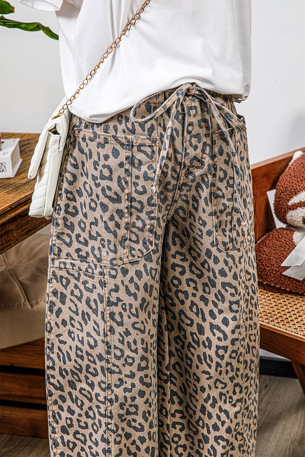 Fall 2026 Leopard Drawstring Waist Pocketed Wide Leg Jeans: As shown / Missy / 10