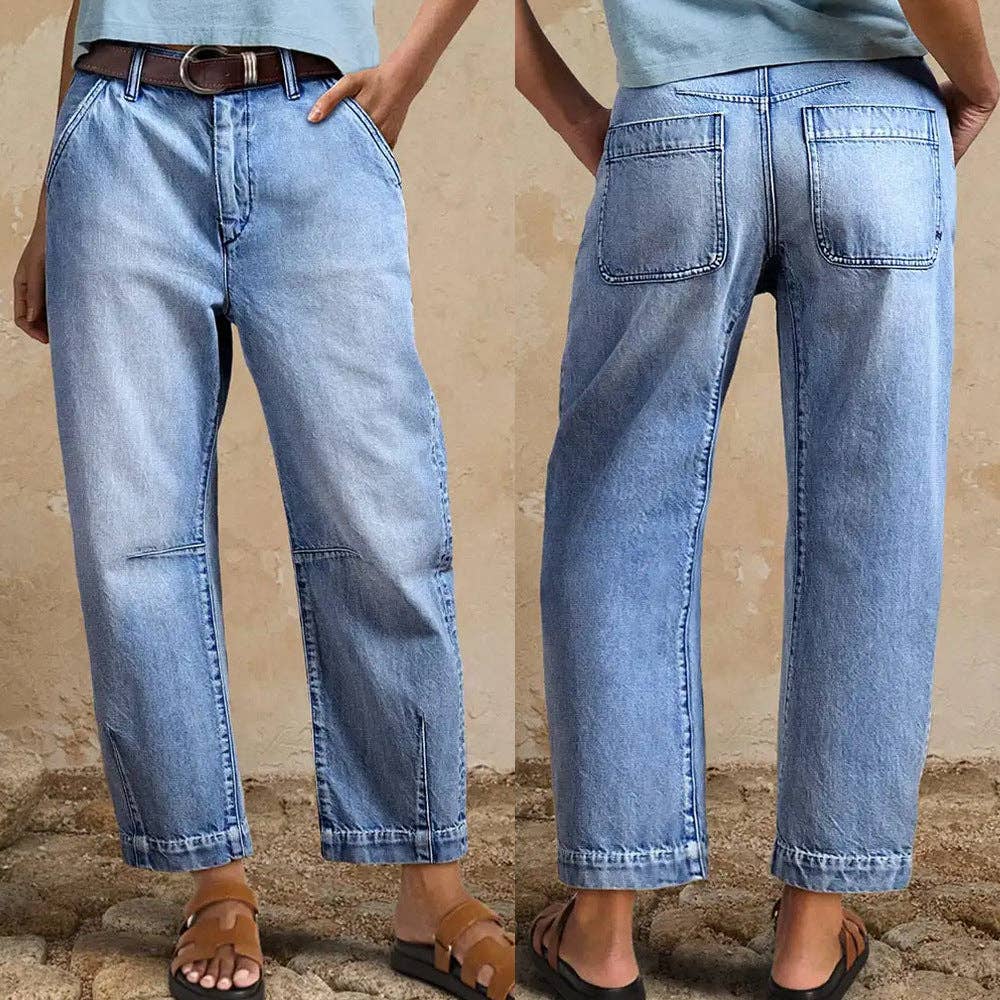 Trendy Casual High-Waisted Loose-Fit Denim Cropped Pants: Light Blue / L