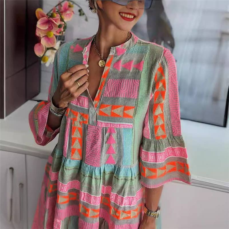 Floral Print V-Neck Mini Dress With Half Sleeves: PRINTING / L