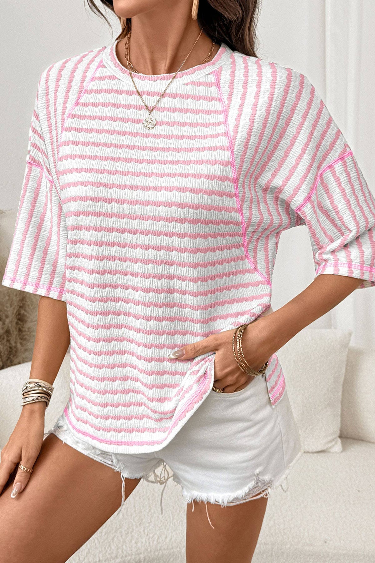 Stripe Textured Knit Split Hem Half Sleeve Top | S-4X: Pink Stripe / Plus-1X