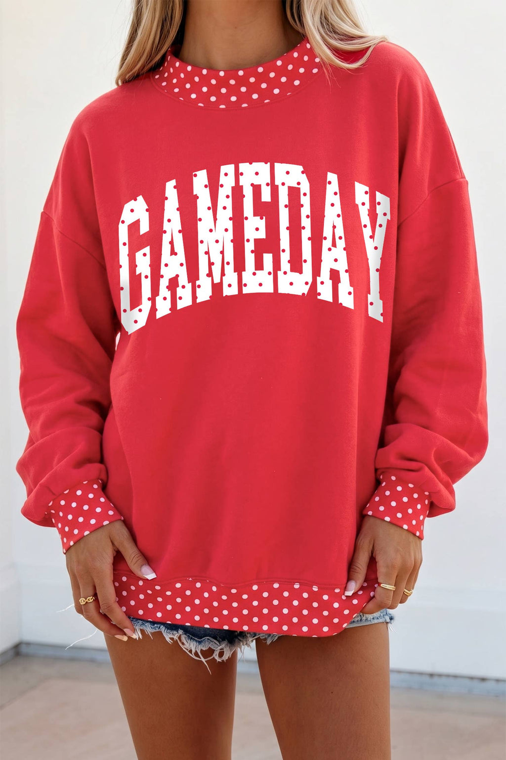 LDC Polka Dot Game Day Graphic Pullover Mock Neck Sweatshirt: Dark Blue / XL