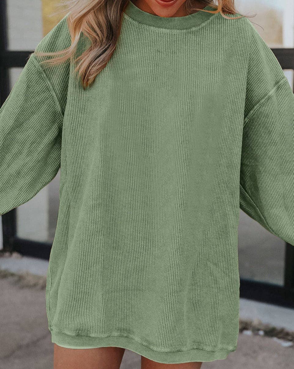 Ribbed Corded Oversized Sweatshirt: Grass Green / 100%Polyester / M