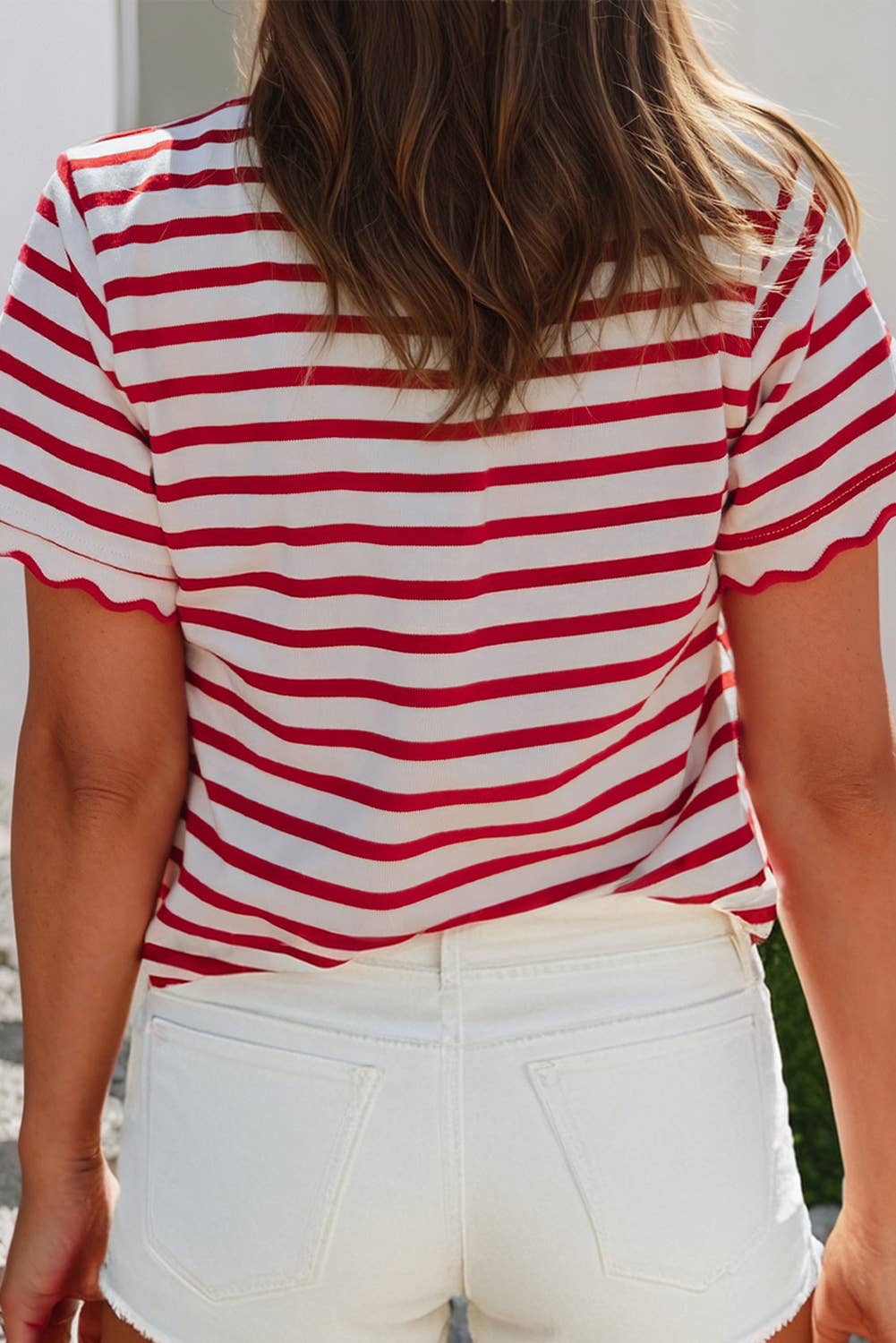 LDC Spring Scalloped Trim Round Neck Stripe T Shirt| S-4X: Green Stripe-2 / M
