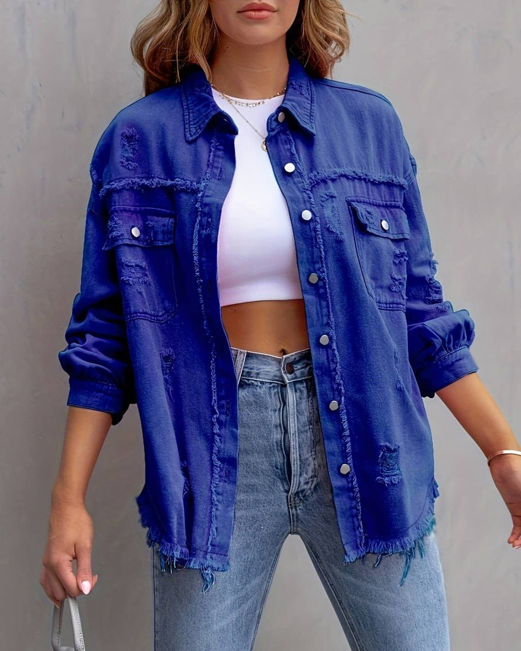 Ripped Long-Sleeved Denim Jacket: Khaki / L