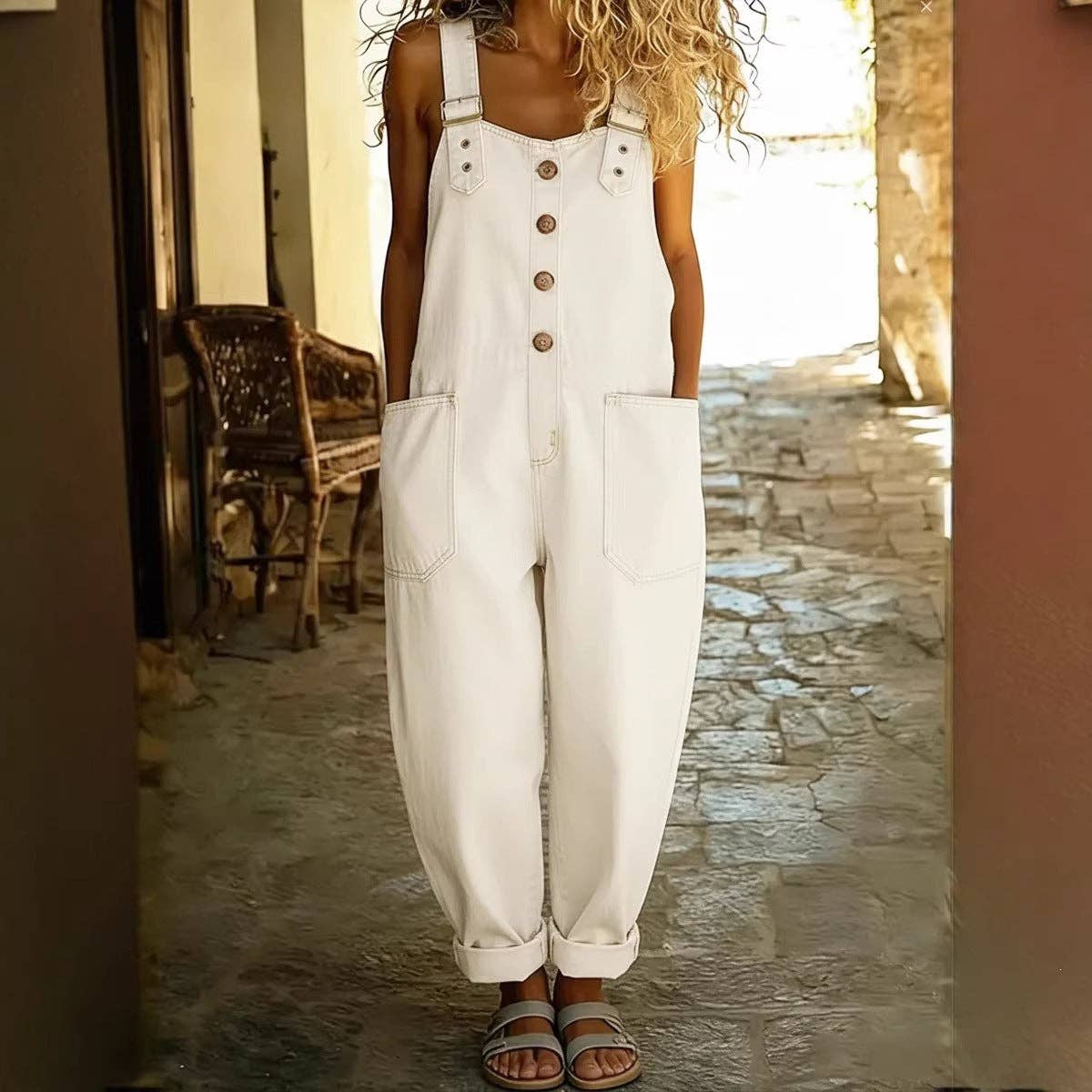 Washed Denim Overalls Adjustable Strap Relaxed Fit: Black / 70%Cotton+30%Polyester / M