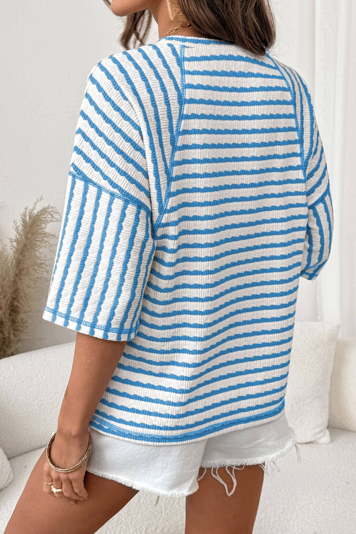 Stripe Textured Knit Split Hem Half Sleeve Top | S-4X: Pink Stripe / XL
