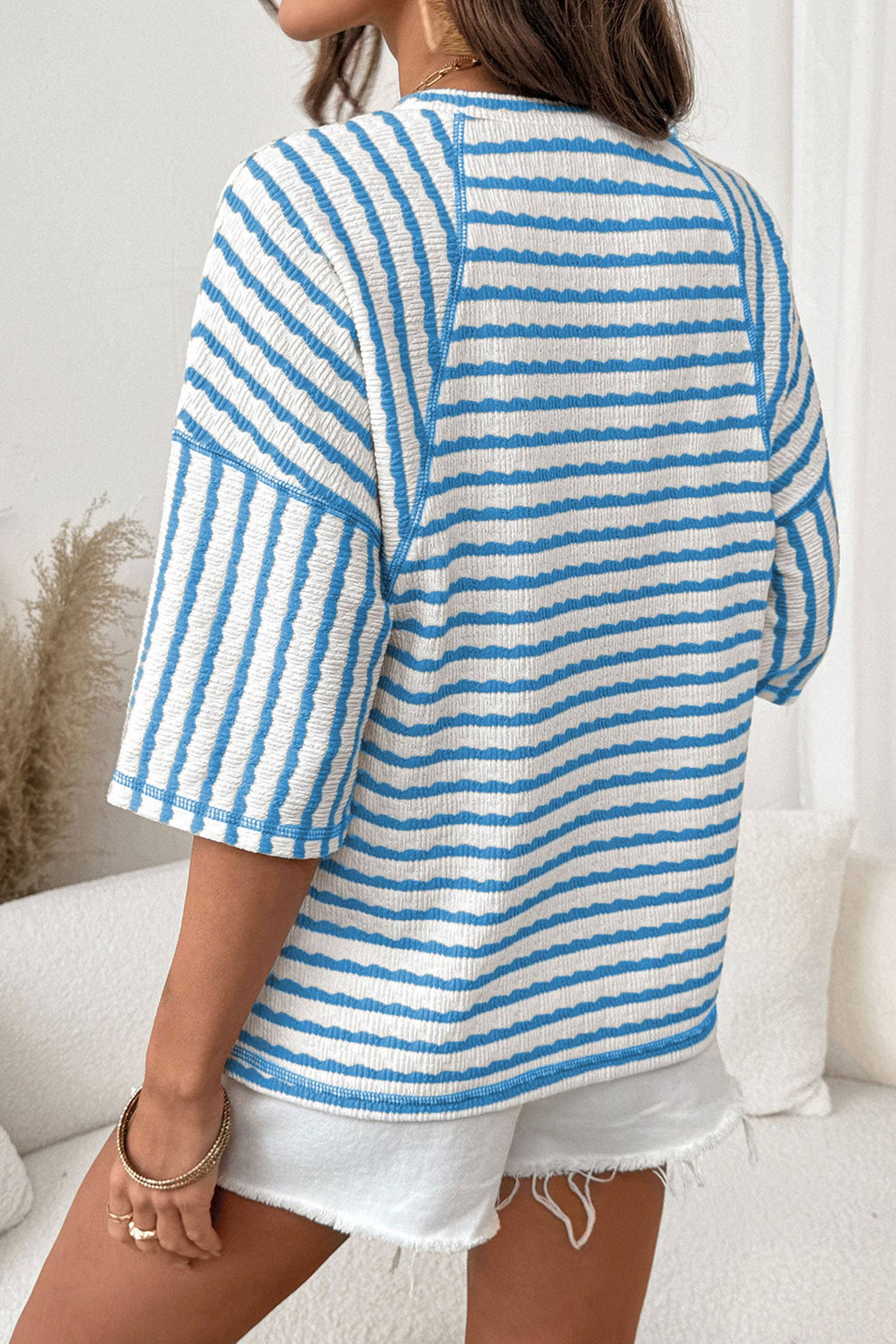 Stripe Textured Knit Split Hem Half Sleeve Top | S-4X: Pink Stripe / Plus-1X