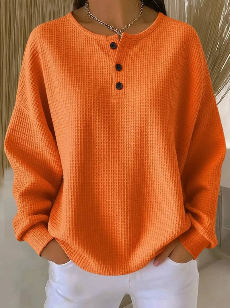 Waffle Knit Henley Top Oversized Long Sleeve Pullover: White / 100%Polyester / S