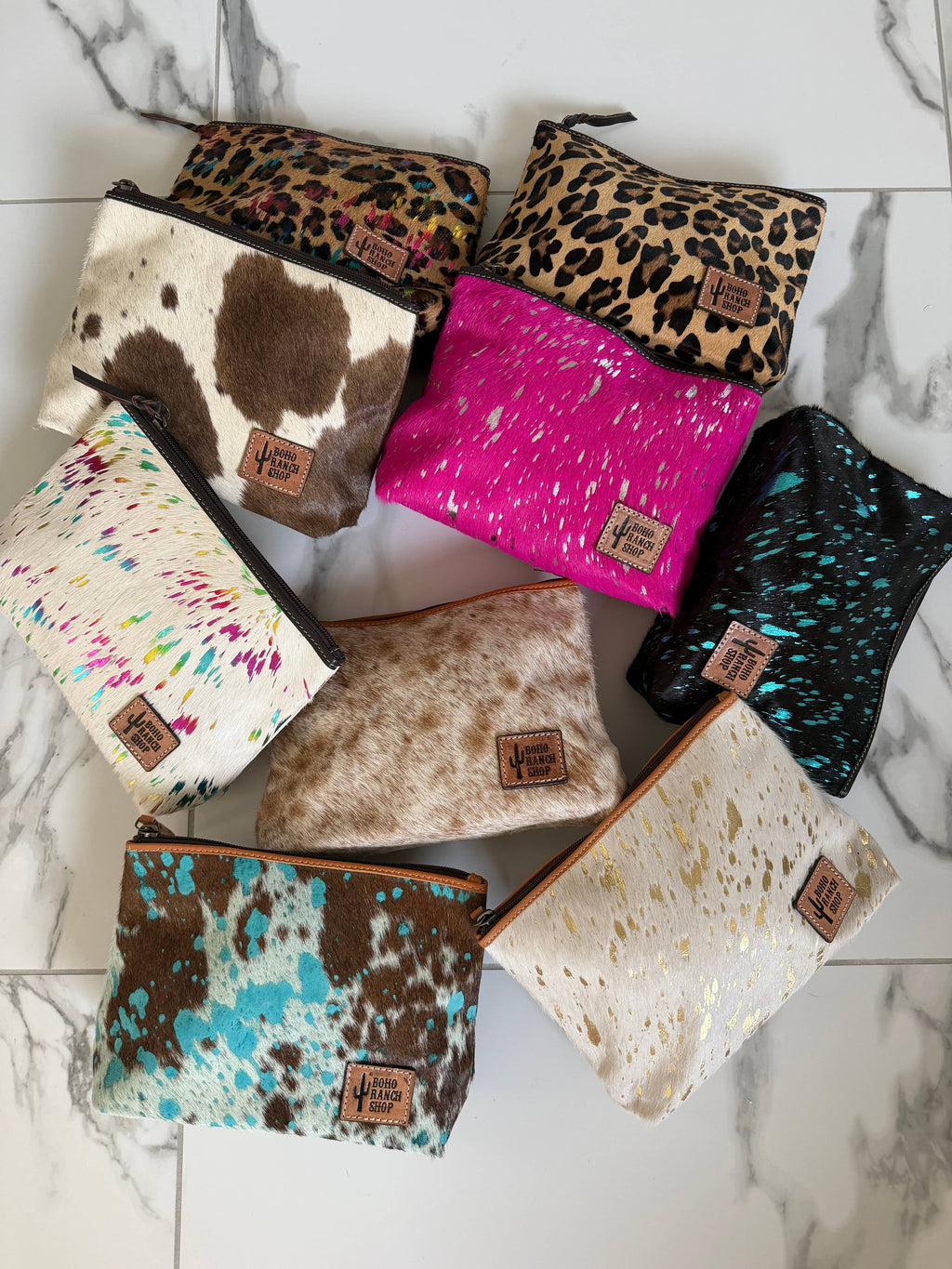Western Cowhide Makeup Bag Travel: LEOPARD + RAINBOW