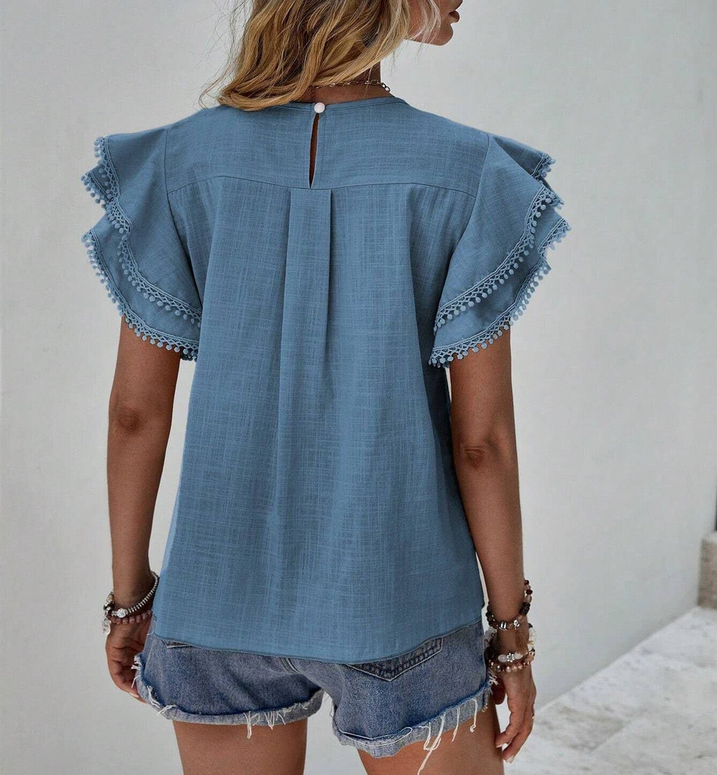 Summer Casual Loose Shirt Ruffle Short Sleeve Top: Blue / M