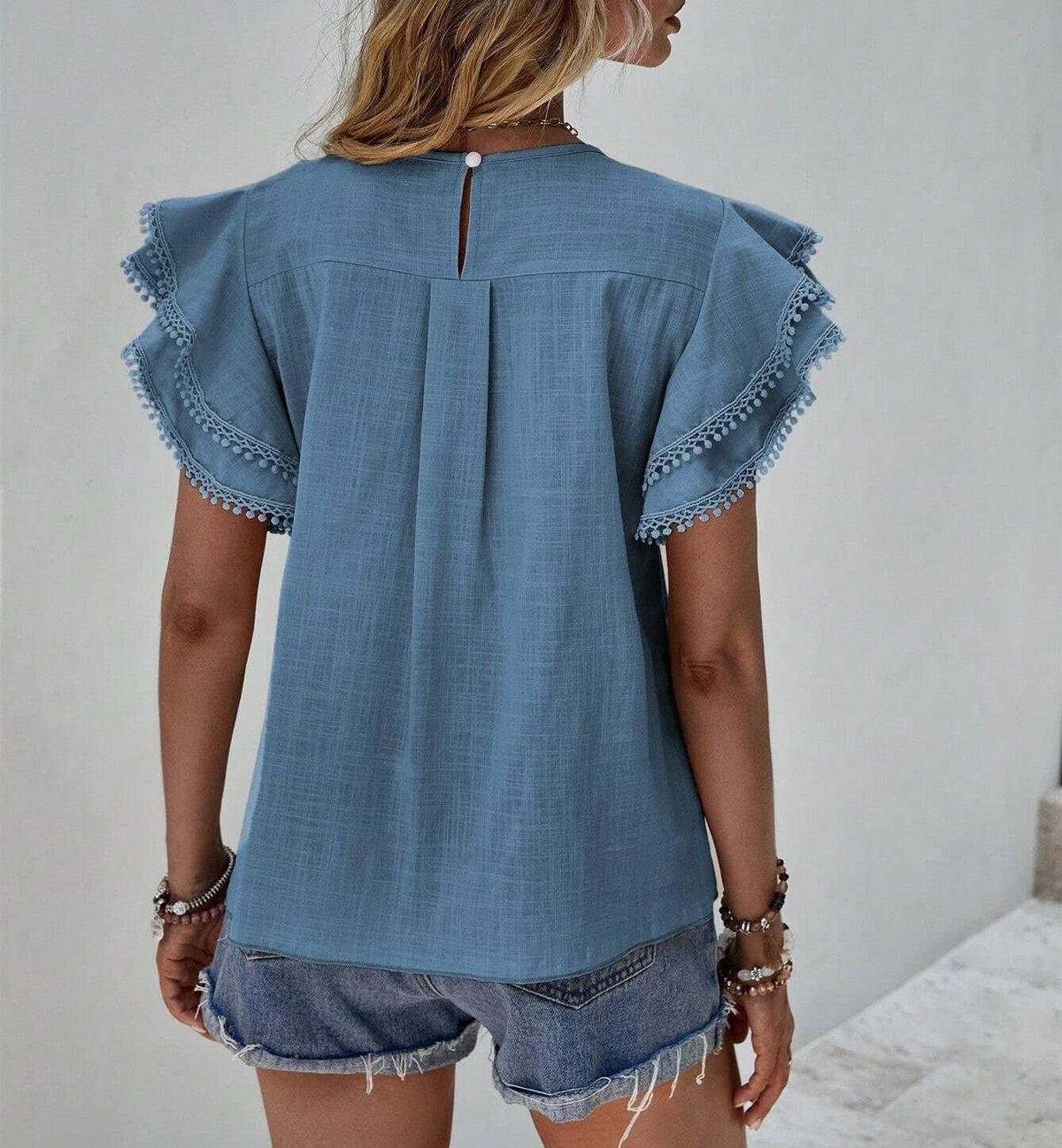 Summer Casual Loose Shirt Ruffle Short Sleeve Top: Blue / M