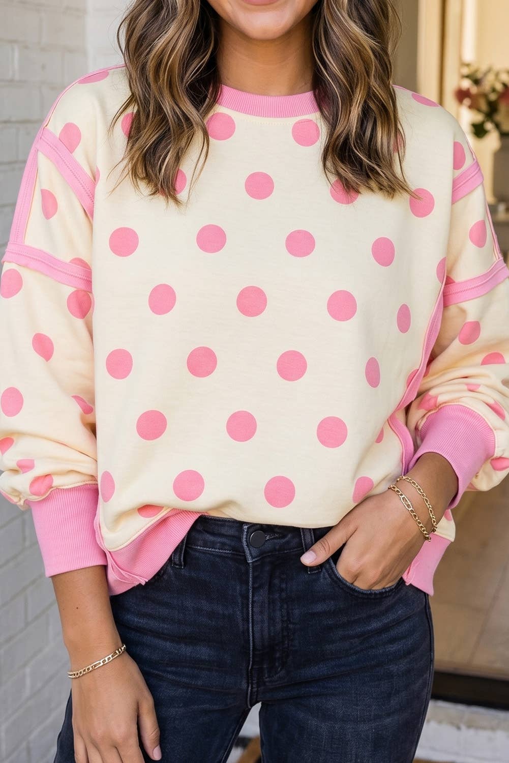 LAS Polka Dot Patchwork Split Hem Casual Sweatshirt (S-XL): White / L
