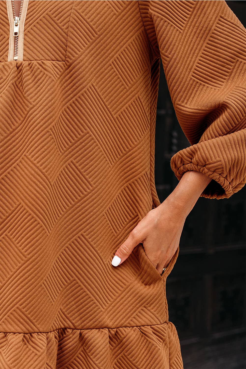 LDC Quarter Zip Collar Bracelet Sleeve Textured Mini Dress: Desert Gold / M