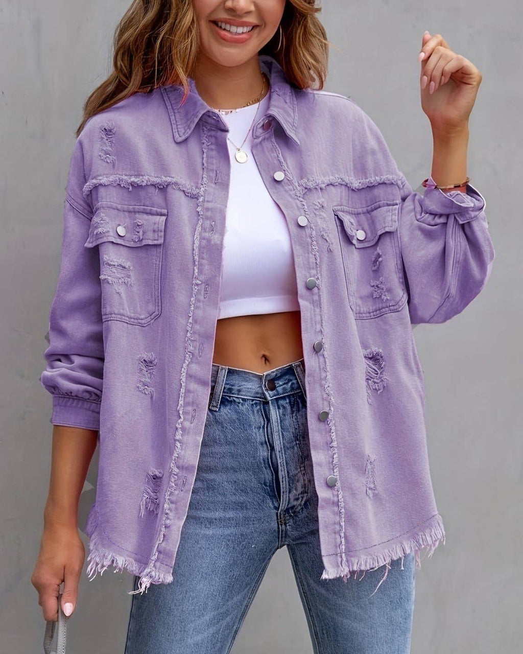 Ripped Long-Sleeved Denim Jacket: Black / XL