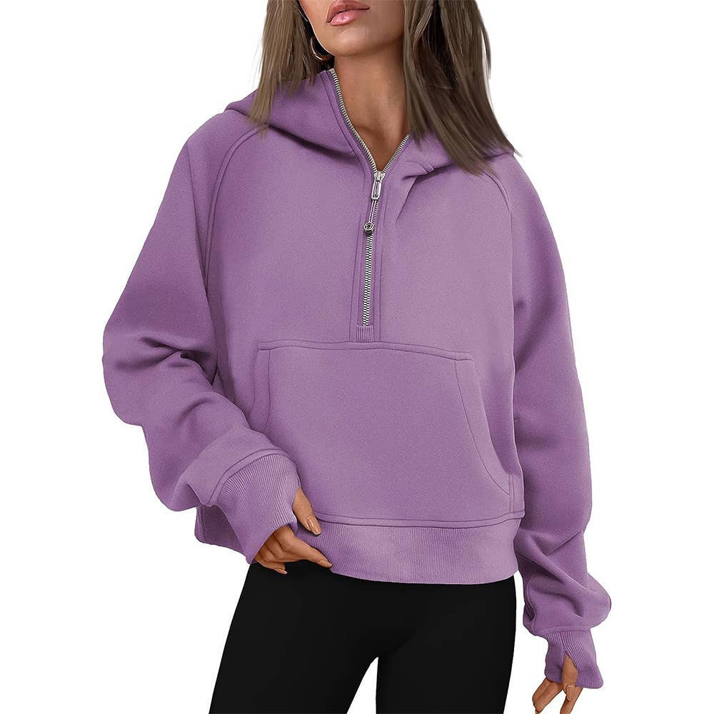 Athleisure half zip fleece hoodie funnel neck jacket: Ash / L