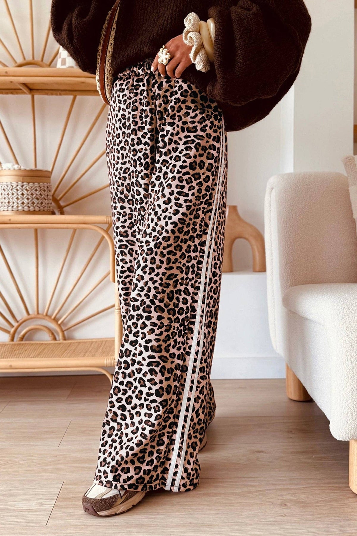 Beige Leopard Print Side Striped Detail Casual Wide Leg Pants: Beige / 100%Polyester / M