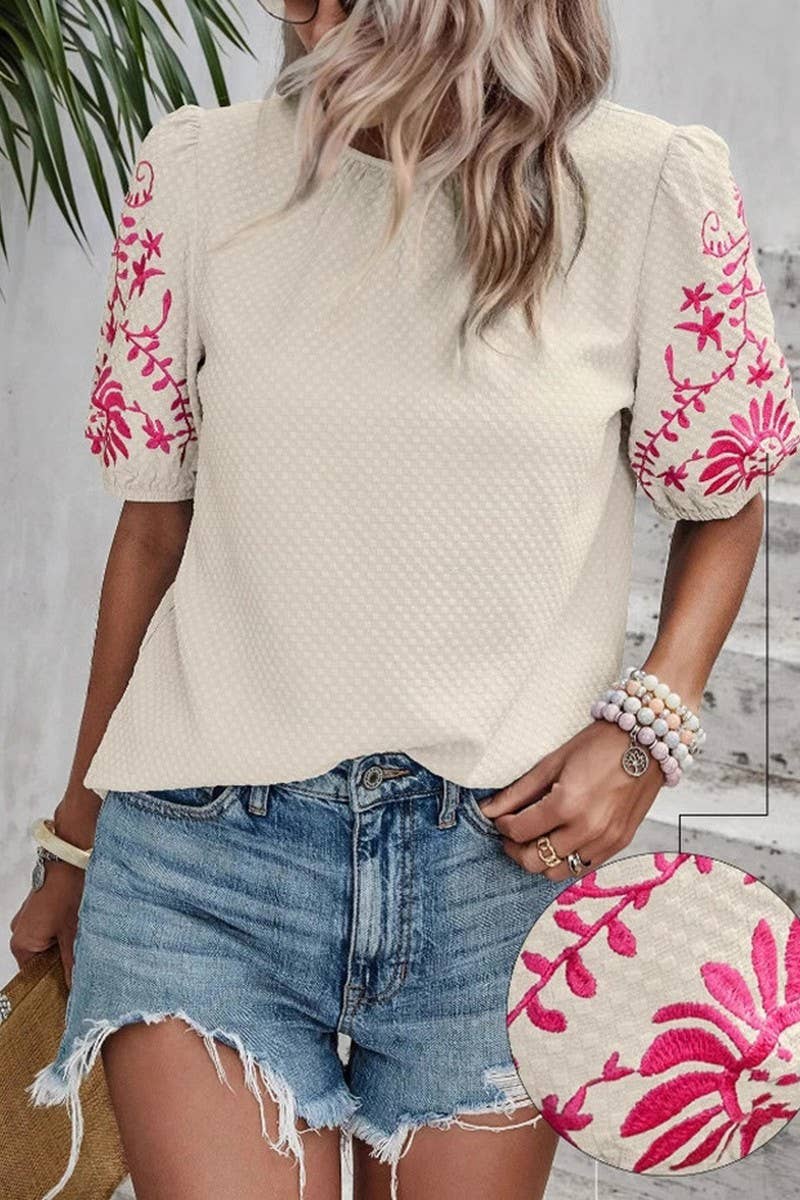 CWTBLS2264_EMBROIDERED PUFF SLEEVE CREW NECK BLOUSE: GREEN / (L) 1