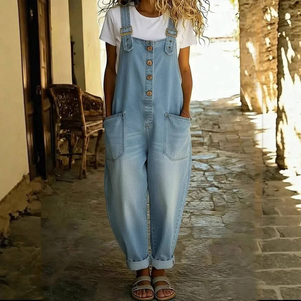 Washed Denim Overalls Adjustable Strap Relaxed Fit: Black / 70%Cotton+30%Polyester / M