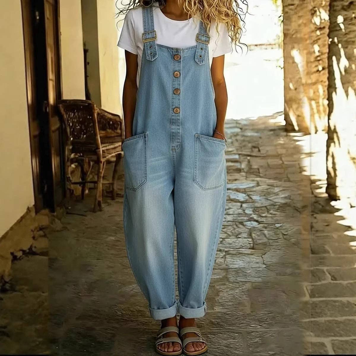 Washed Denim Overalls Adjustable Strap Relaxed Fit: Black / 70%Cotton+30%Polyester / M