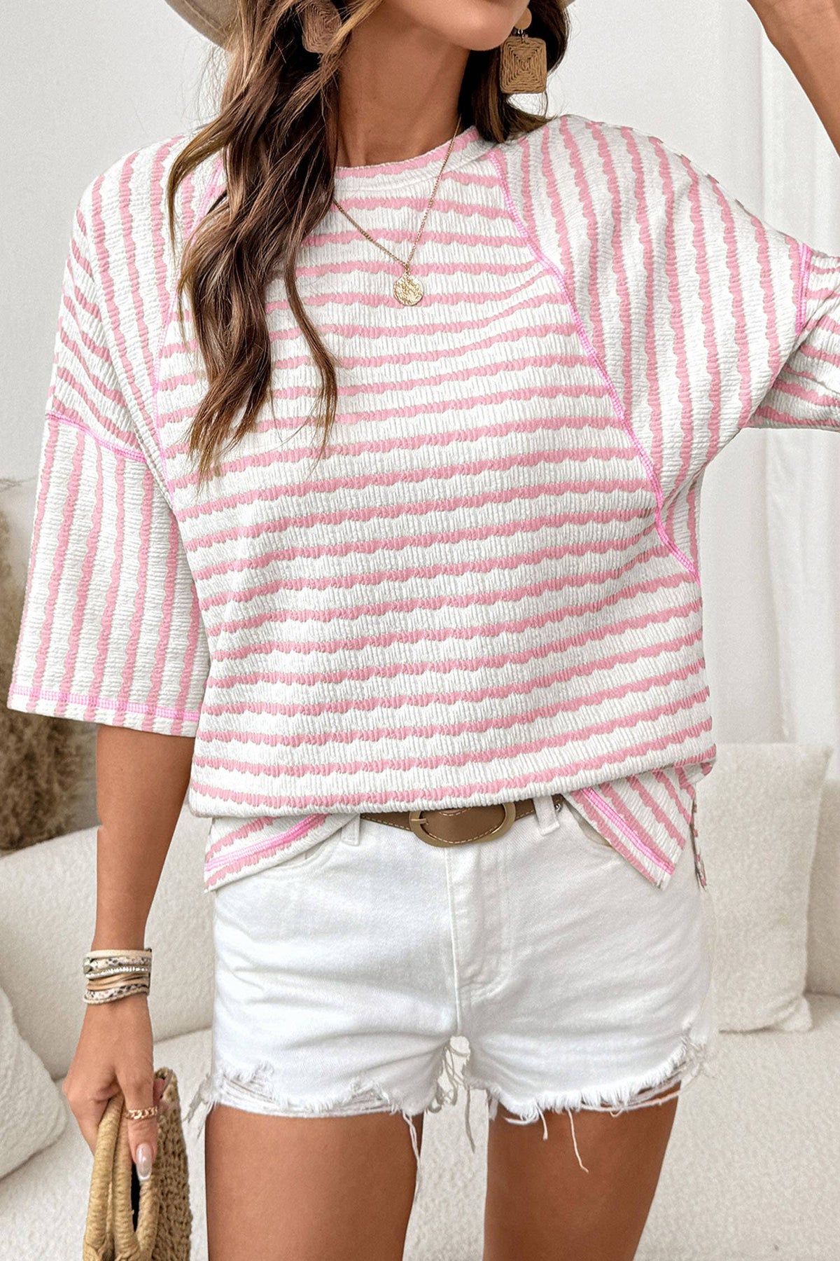 Stripe Textured Knit Split Hem Half Sleeve Top | S-4X: Pink Stripe / Plus-1X