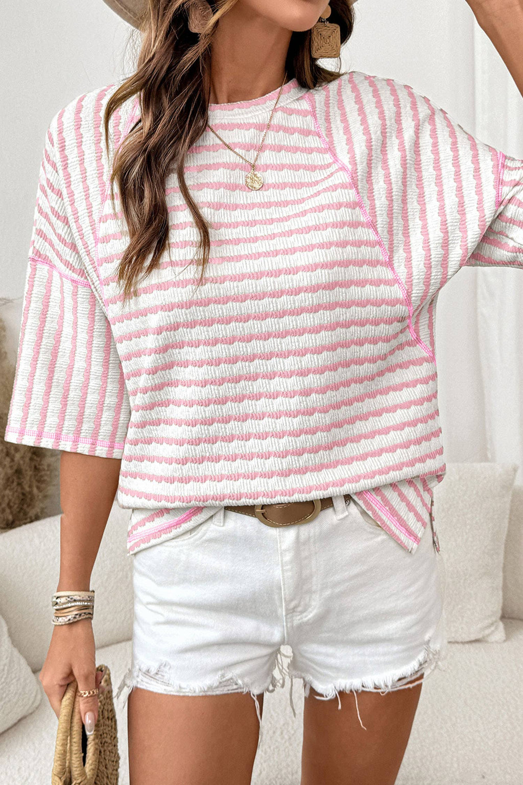 Stripe Textured Knit Split Hem Half Sleeve Top | S-4X: Sky Blue Stripe / XL