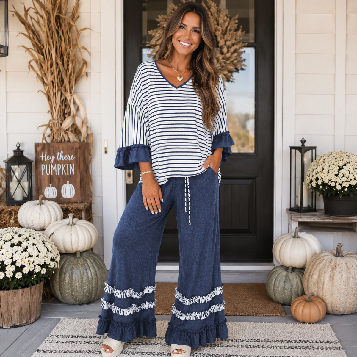 Stripe Ruffle Pant Set: Navy / Medium