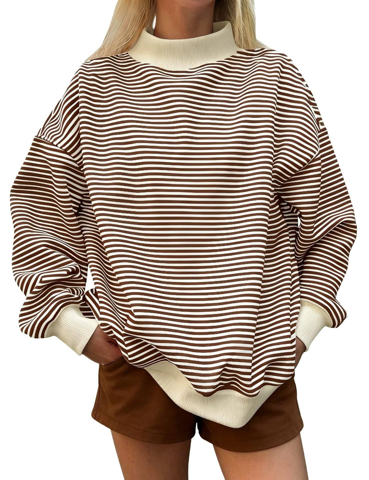 Oversized Striped Mock Neck Sweatshirt: Black / M