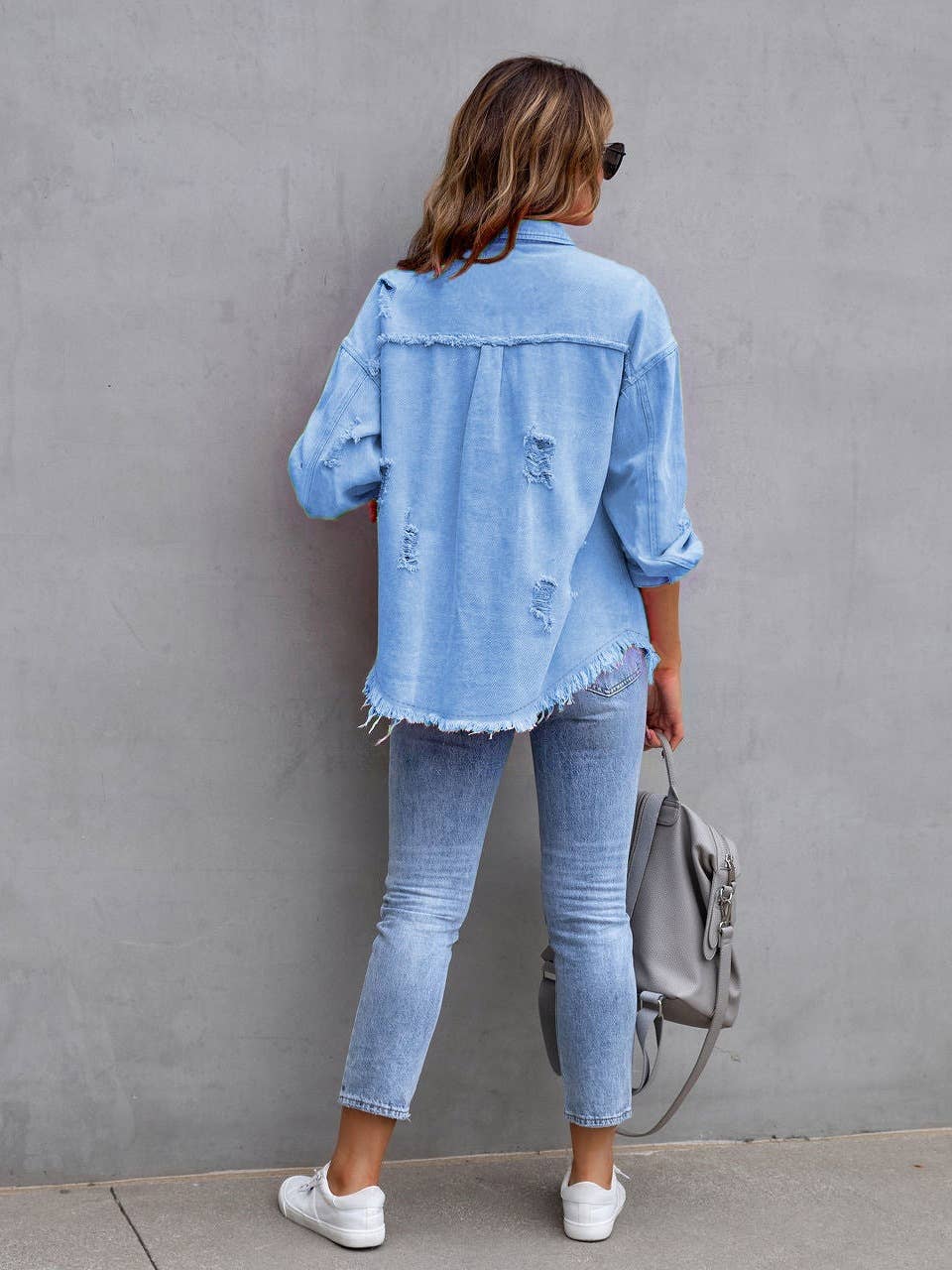 Ripped Long-Sleeved Denim Jacket: Black / XL