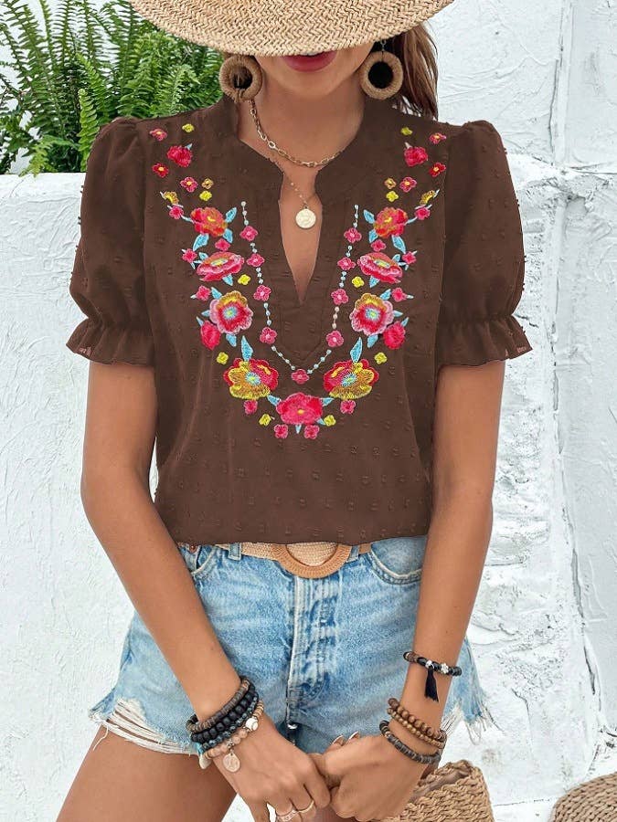 Boho Embroidered Floral Ruffle Top: NavyBlue / M