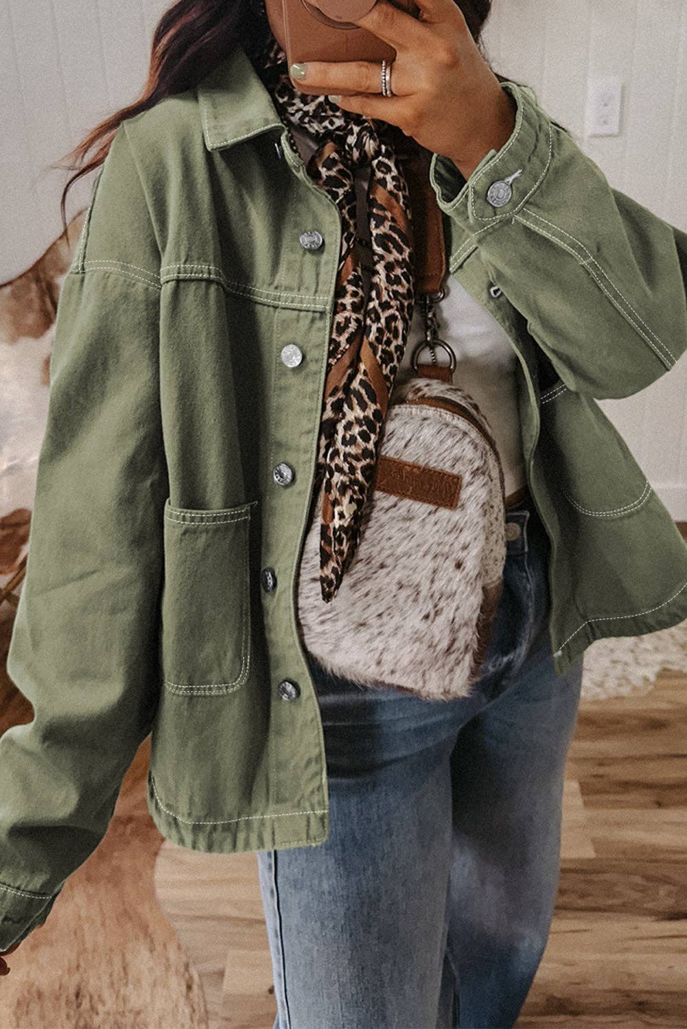 Smoke Green Patched Pocket Collared Button Front Boyfriend Denim Jacket: Smoke Green / 100%Cotton / M