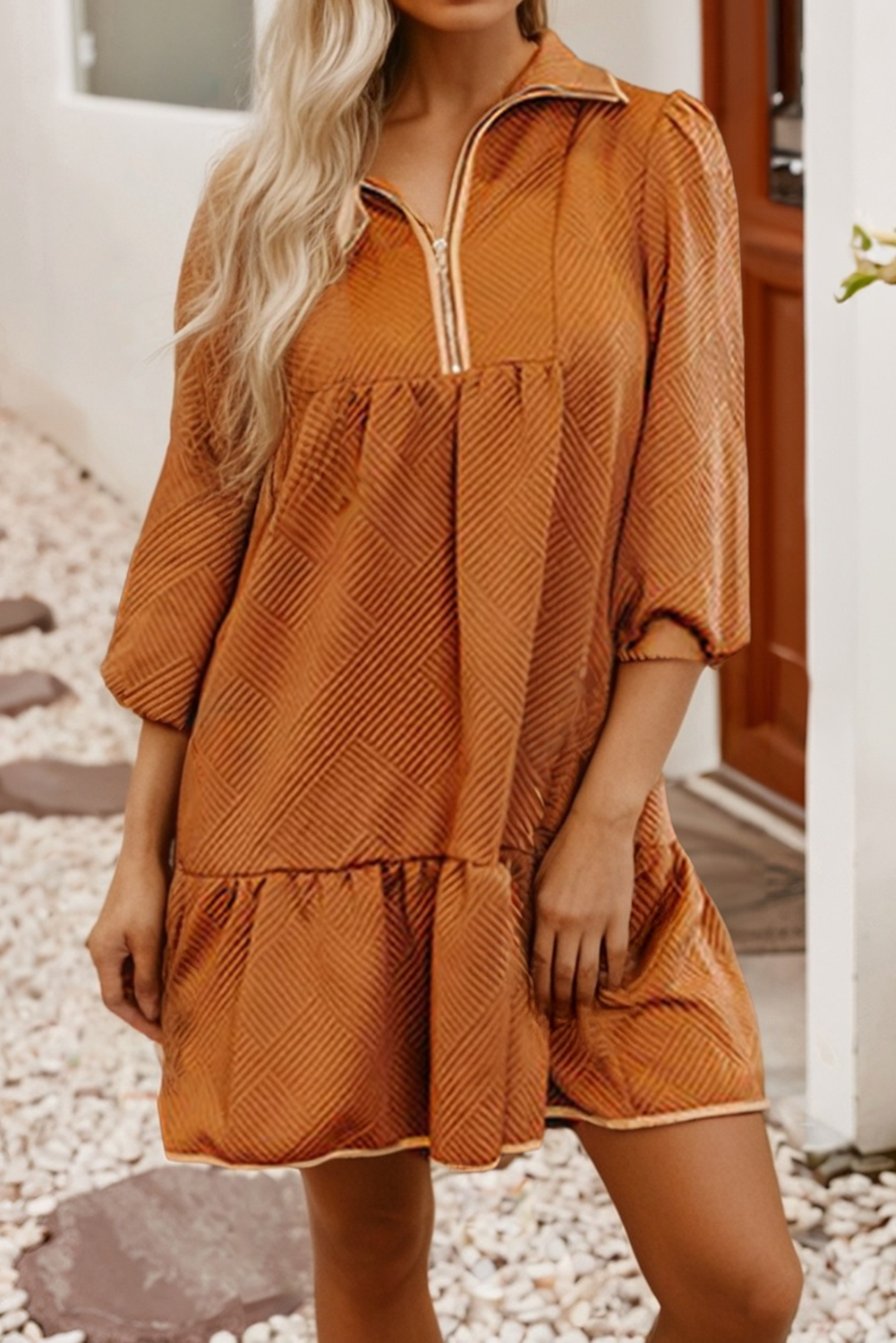 LDC Quarter Zip Collar Bracelet Sleeve Textured Mini Dress: Desert Gold / M