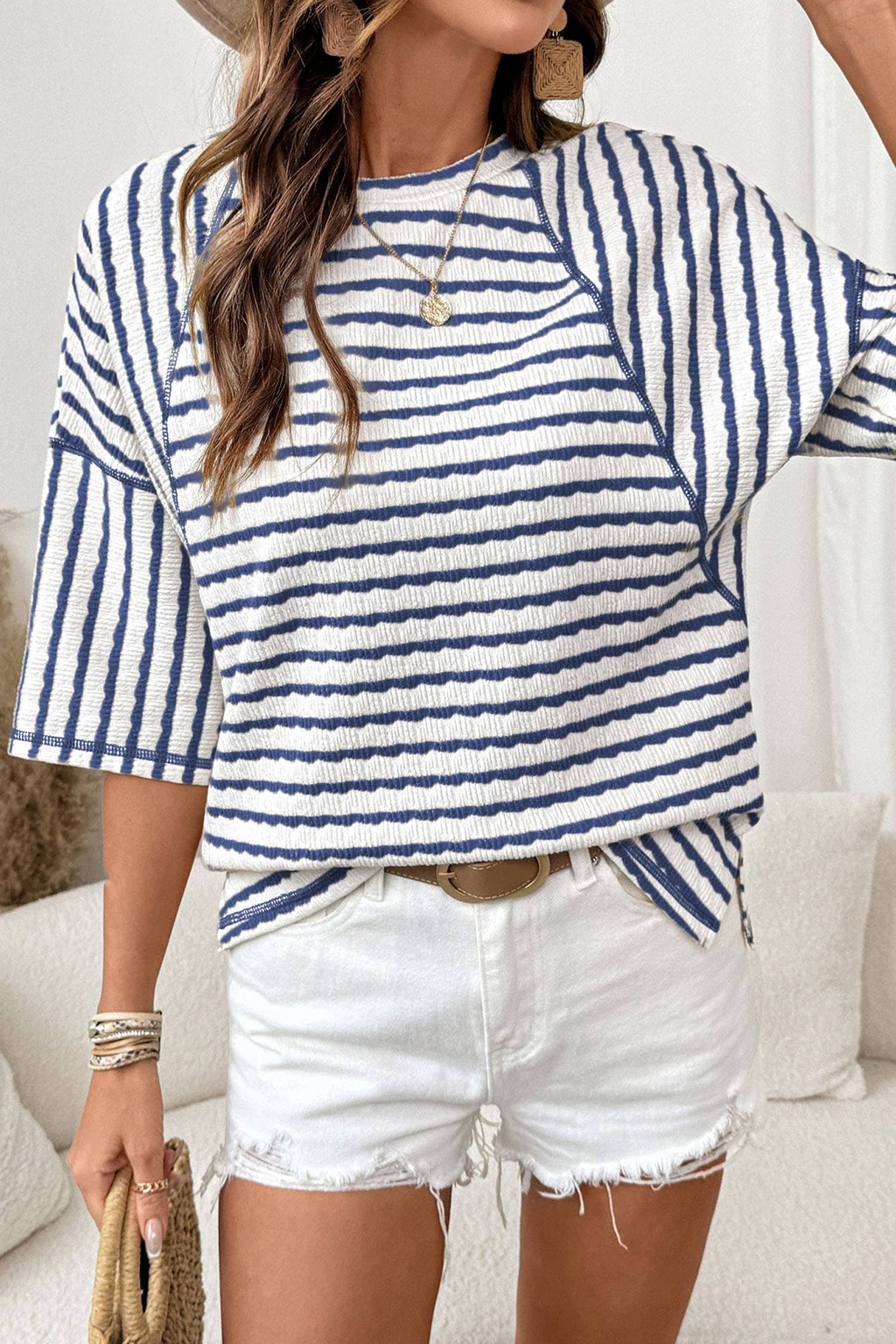 Stripe Textured Knit Split Hem Half Sleeve Top | S-4X: Sky Blue Stripe / XL