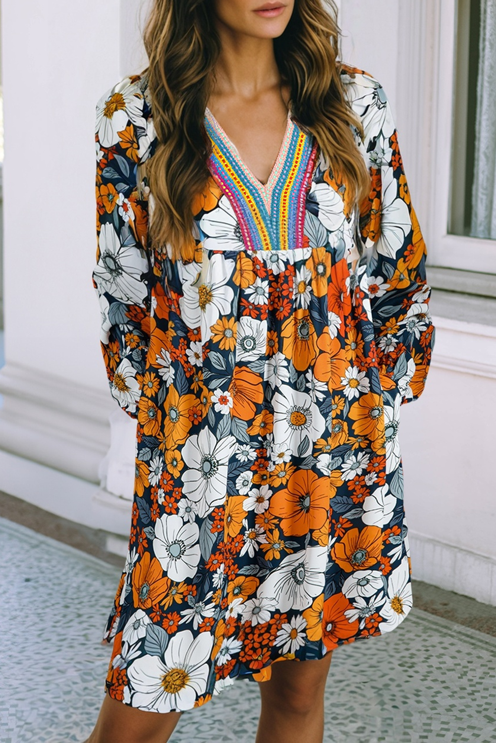 LDC Floral Print Striped Lace V Neck Long Sleeve Mini Dress: Orange / M