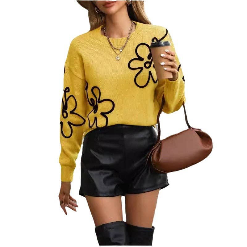 Oversized Floral Knit Sweater Women Casual: Yellow / S