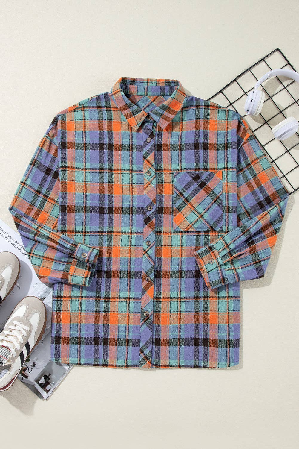 Women's Plaid Print Loose Vintage Shirt: Red / 100%Cotton / S