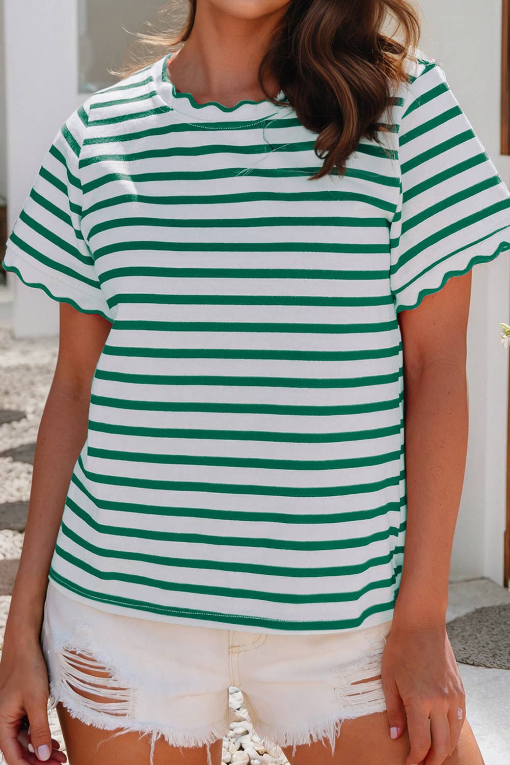 LDC Spring Scalloped Trim Round Neck Stripe T Shirt| S-4X: Green Stripe-2 / M