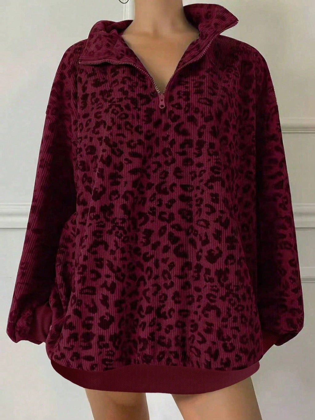 Leopard Corduroy Sweatshirt Streetwear Oversized Half Zip: Gray / 100%polyester / L